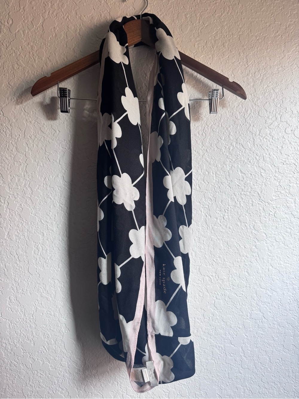 kate spade Black and White Floral Infinity Scarf with Pale Pink Trim